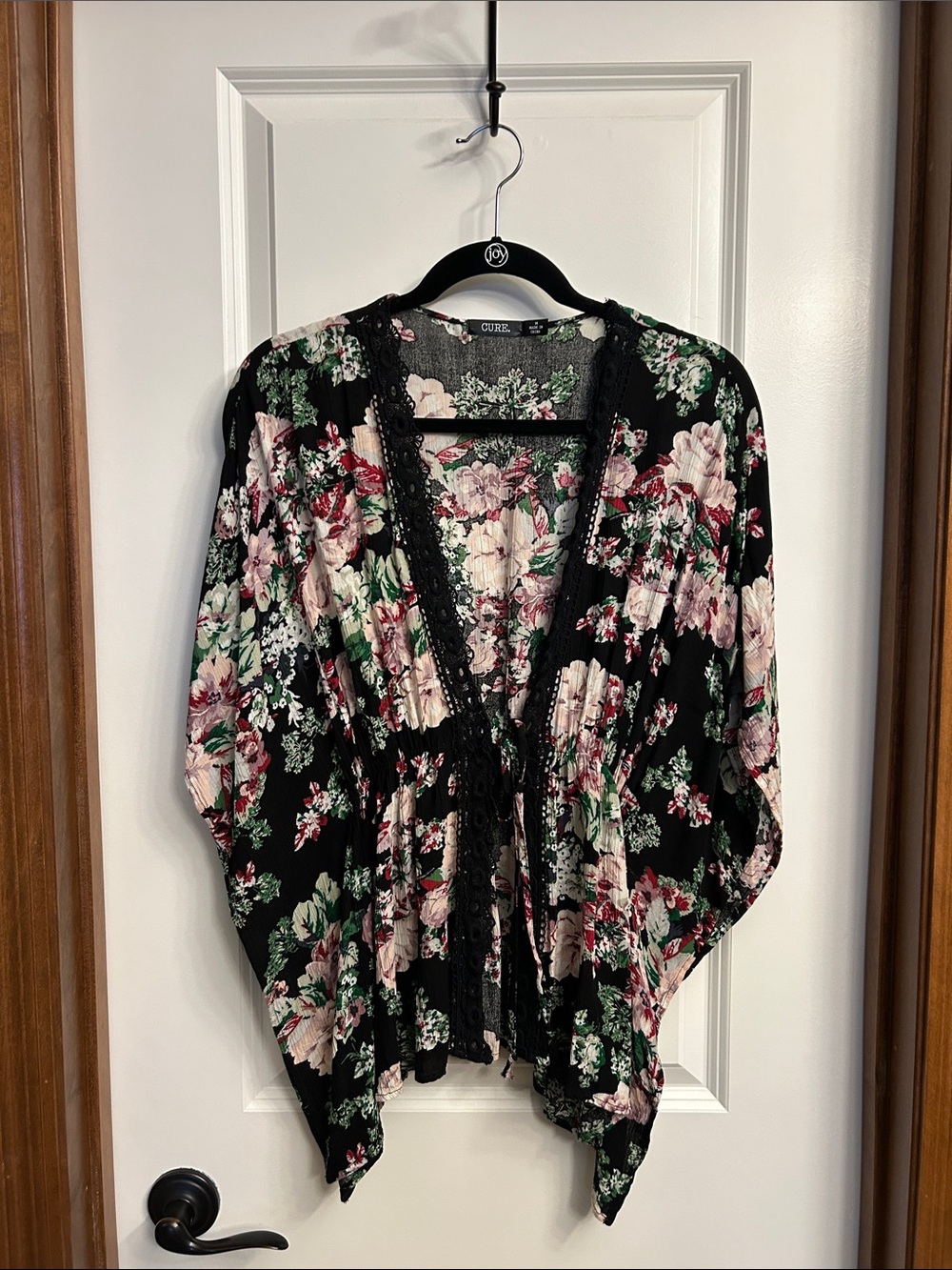 Black Floral Tie-Front Kimono Jacket
